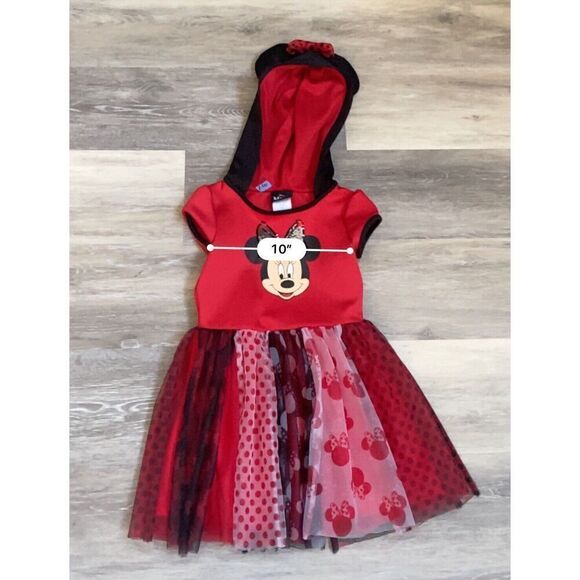 Disney Minnie Mouse Party Dress Red Black Tulle Sequins Hood Child Size S 6/6x - Picture 2 of 10